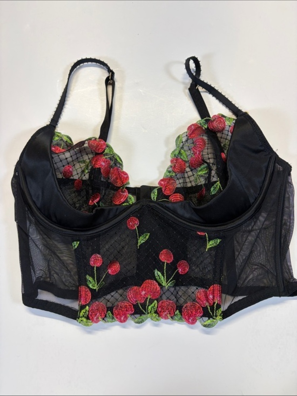 Black Sheer Cherry Embroidered Corset Bustier Crop Top Bralette Size Small